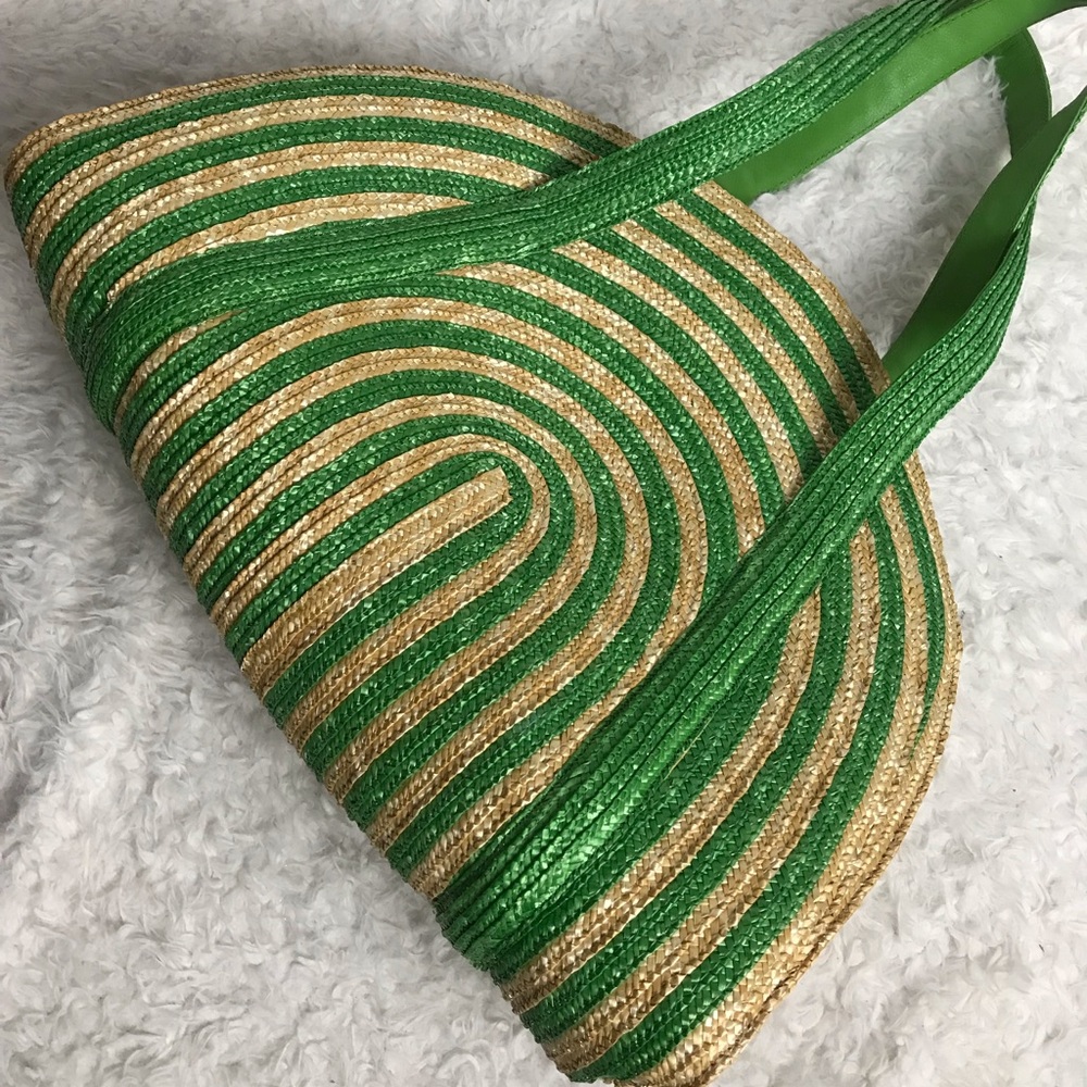 Kate Spade Lawn Party Reign Large Straw Half Moon Tote Green Beach Pool Vacation - Picture 2 of 8